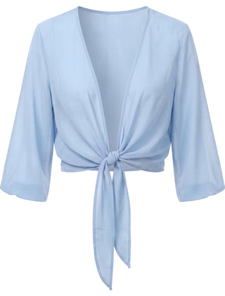 Sheer tie-front cropped shrug in Light Blue, front view
