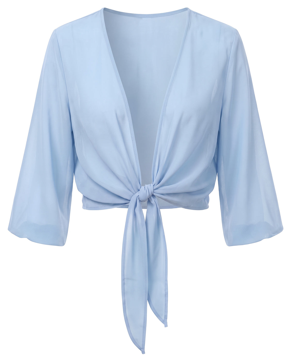 Sheer tie-front cropped shrug in Light Blue, front view