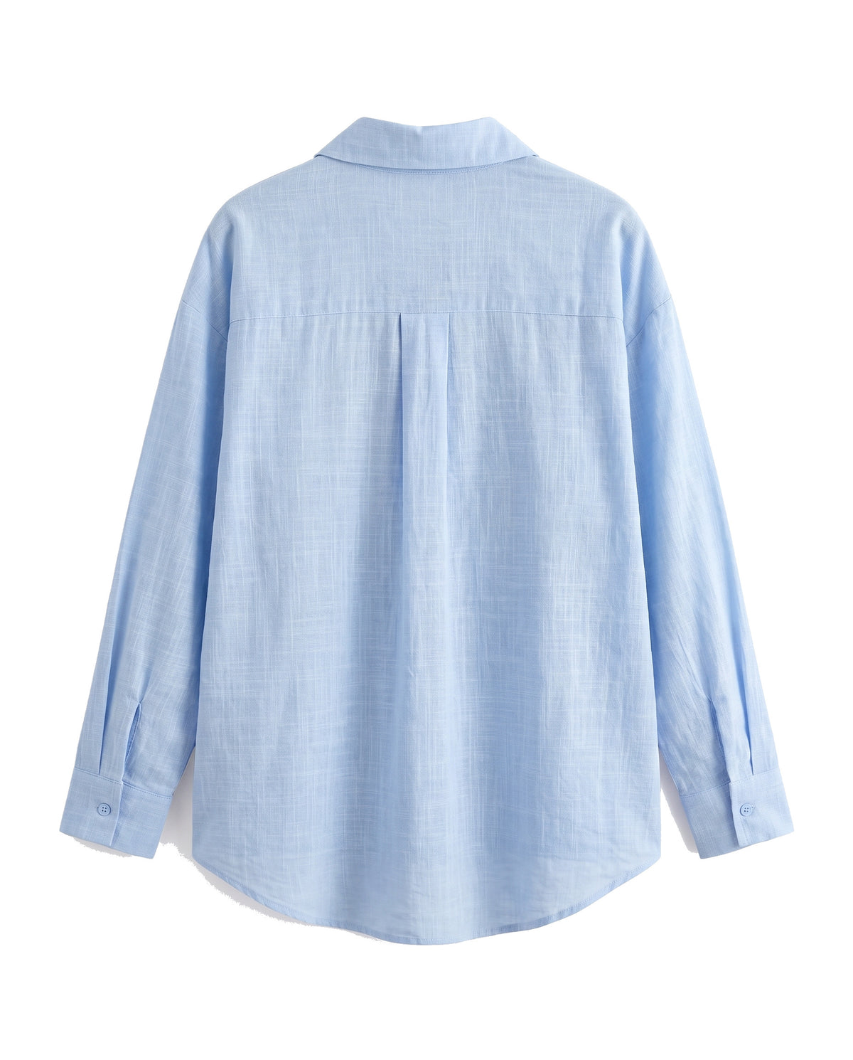 Blue oversized button-down shirt, back view with yoke and curved hem