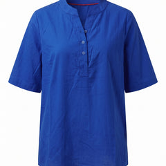 Royal blue notch neck short sleeve tunic top, front view