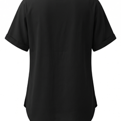 Black loose V neck pocket top, back view with curved hem