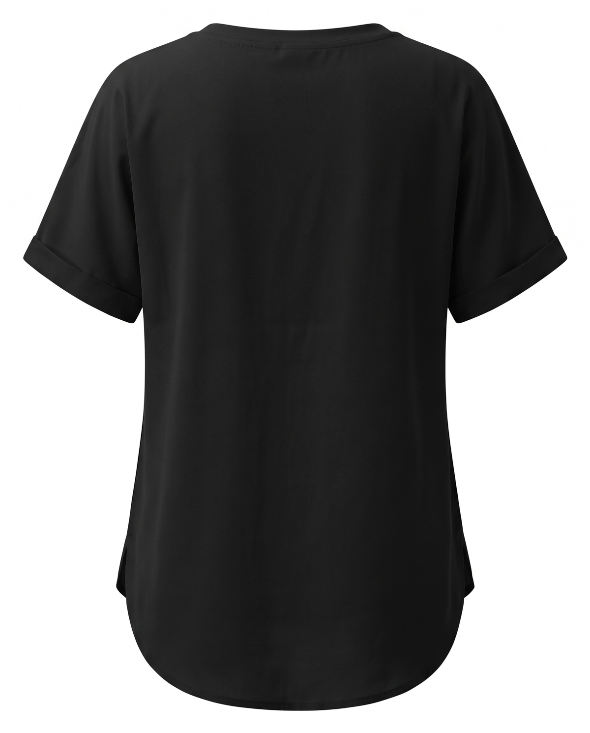 Black loose V neck pocket top, back view with curved hem