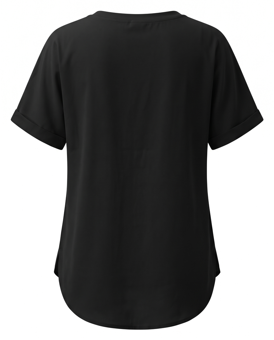 Black loose V neck pocket top, back view with curved hem