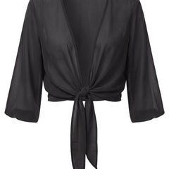 Sheer tie-front cropped shrug in Black, front view