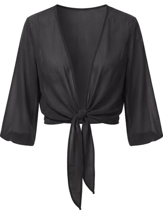 Sheer tie-front cropped shrug in Black, front view