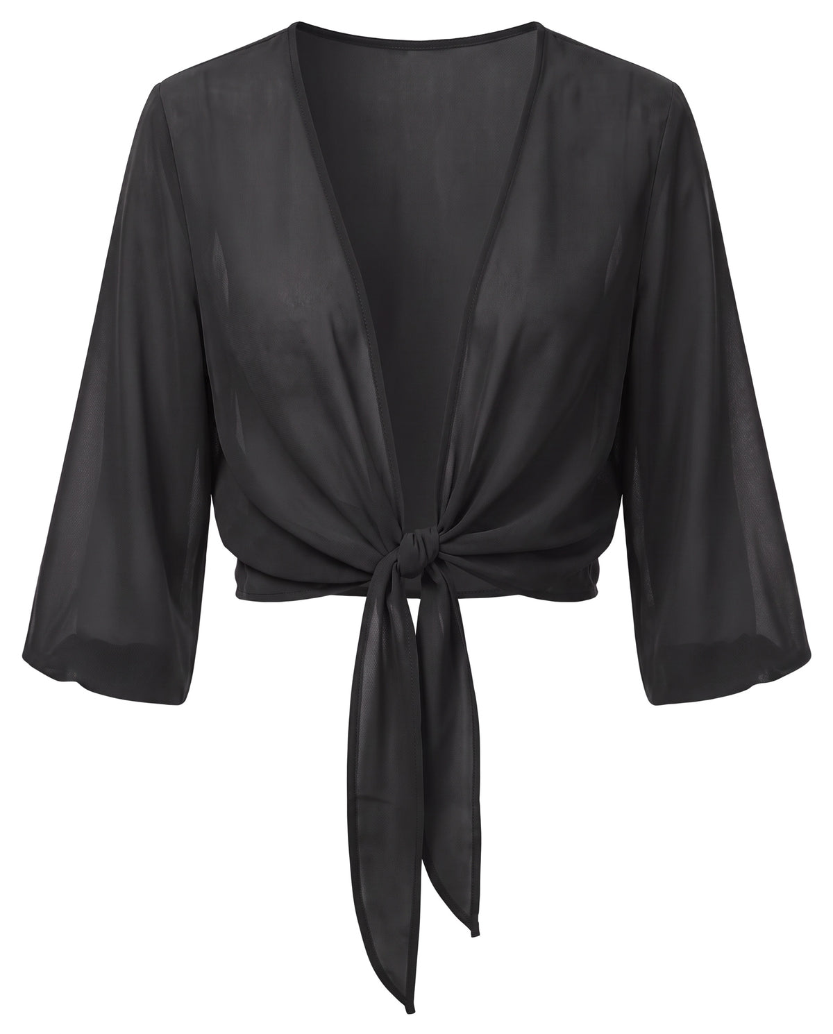 Sheer tie-front cropped shrug in Black, front view