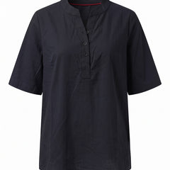 Black notch neck short sleeve tunic top, front view
