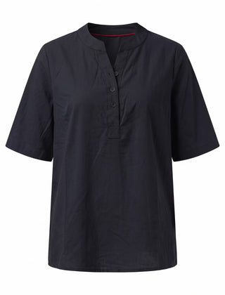 Black notch neck short sleeve tunic top, front view