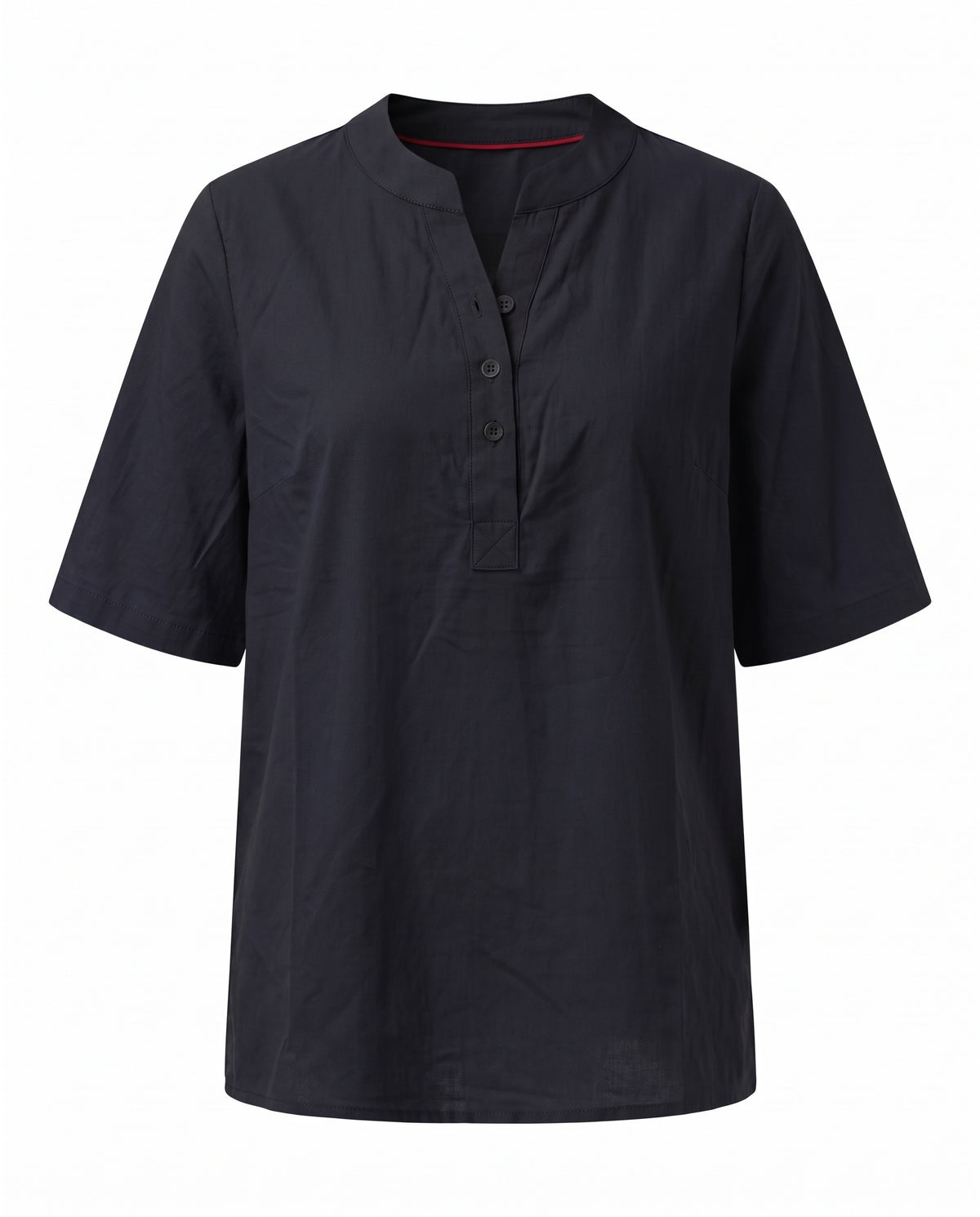 Black notch neck short sleeve tunic top, front view