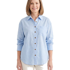 Woman wearing the blue oversized button-down shirt, front standing pose