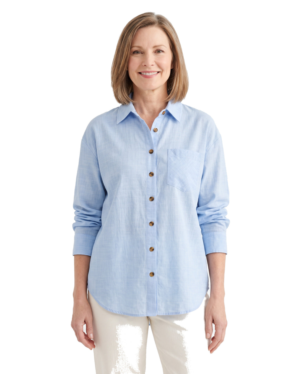 Woman wearing the blue oversized button-down shirt, front standing pose