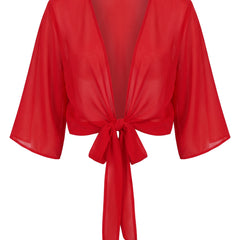 Sheer tie-front cropped shrug in Red, front view