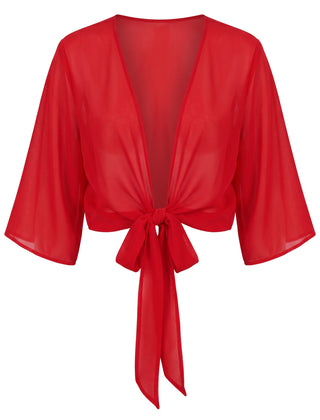 Sheer tie-front cropped shrug in Red, front view