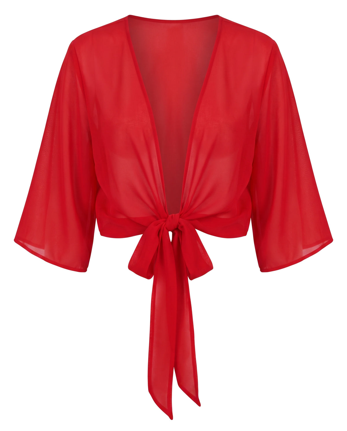 Sheer tie-front cropped shrug in Red, front view