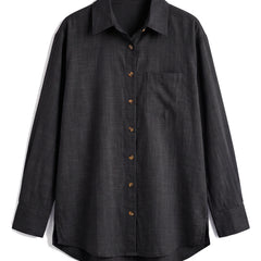 Black oversized button-down shirt with chest pocket, front view
