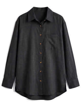 Black oversized button-down shirt with chest pocket, front view
