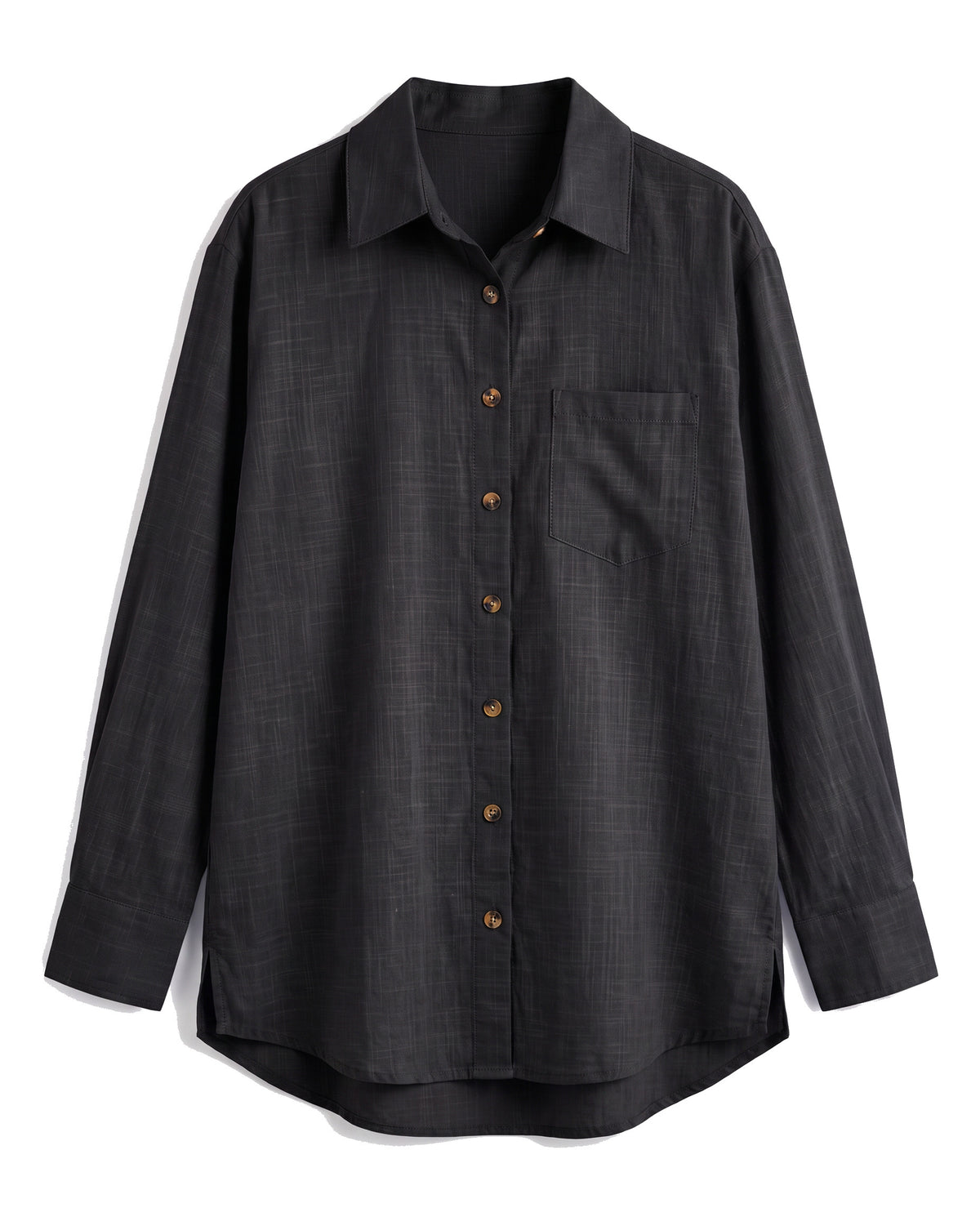 Black oversized button-down shirt with chest pocket, front view