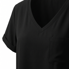 Close up of the V neckline, chest pocket and cuffed sleeve