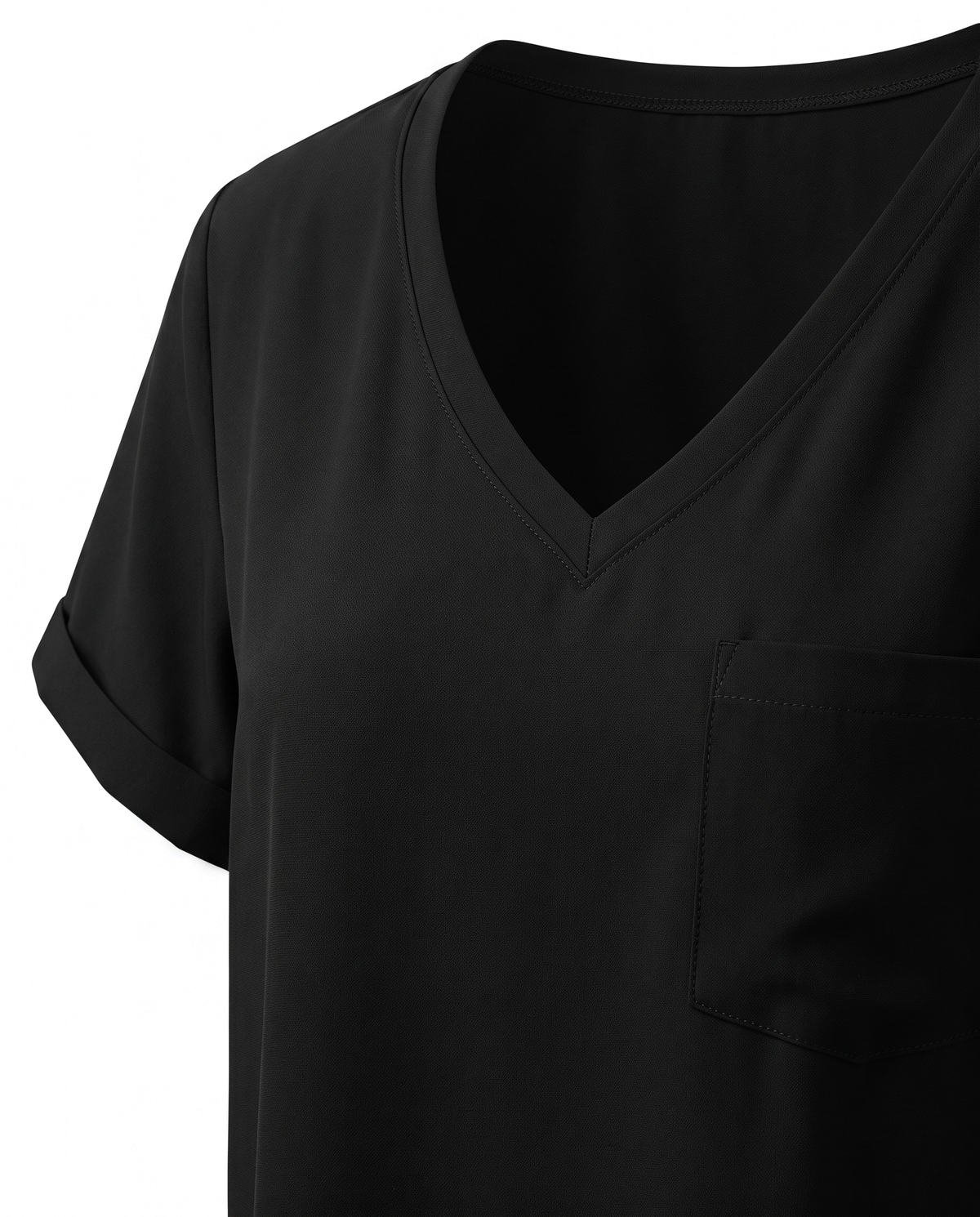 Close up of the V neckline, chest pocket and cuffed sleeve
