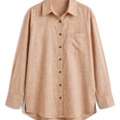 Light brown oversized button-down shirt with chest pocket, front view