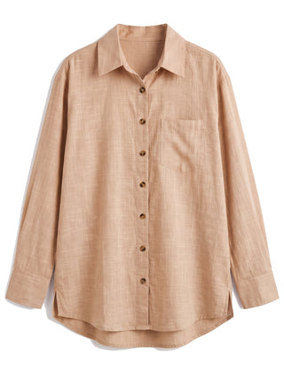 Light brown oversized button-down shirt with chest pocket, front view