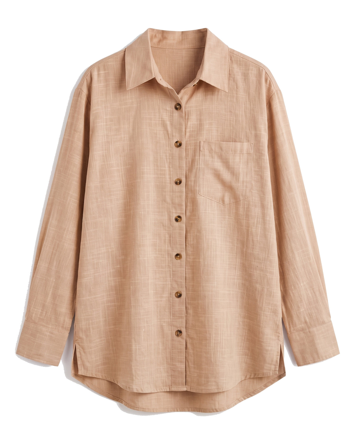 Light brown oversized button-down shirt with chest pocket, front view