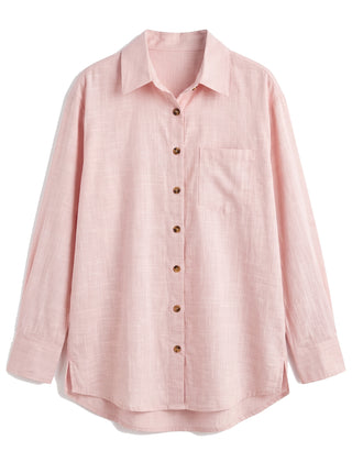 Pink oversized button-down shirt with chest pocket, front view