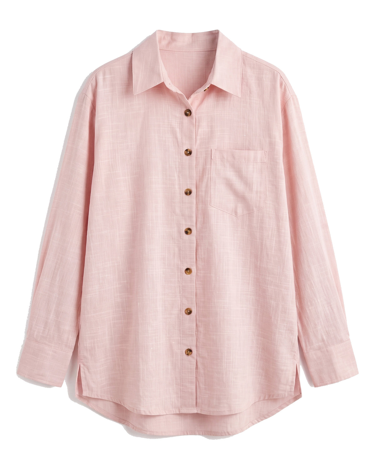 Pink oversized button-down shirt with chest pocket, front view