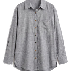 Gray oversized button-down shirt with chest pocket, front view