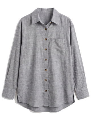 Gray oversized button-down shirt with chest pocket, front view