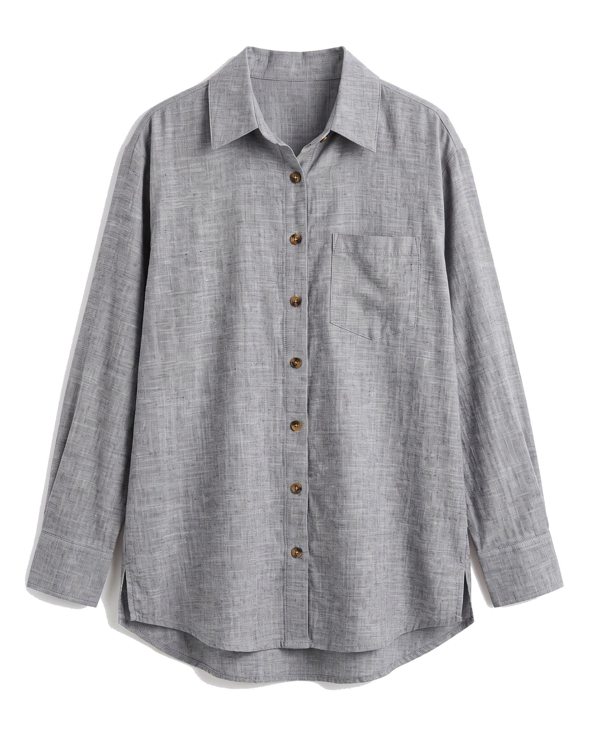 Gray oversized button-down shirt with chest pocket, front view