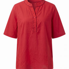 Red notch neck short sleeve tunic top, front view