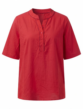 Red notch neck short sleeve tunic top, front view