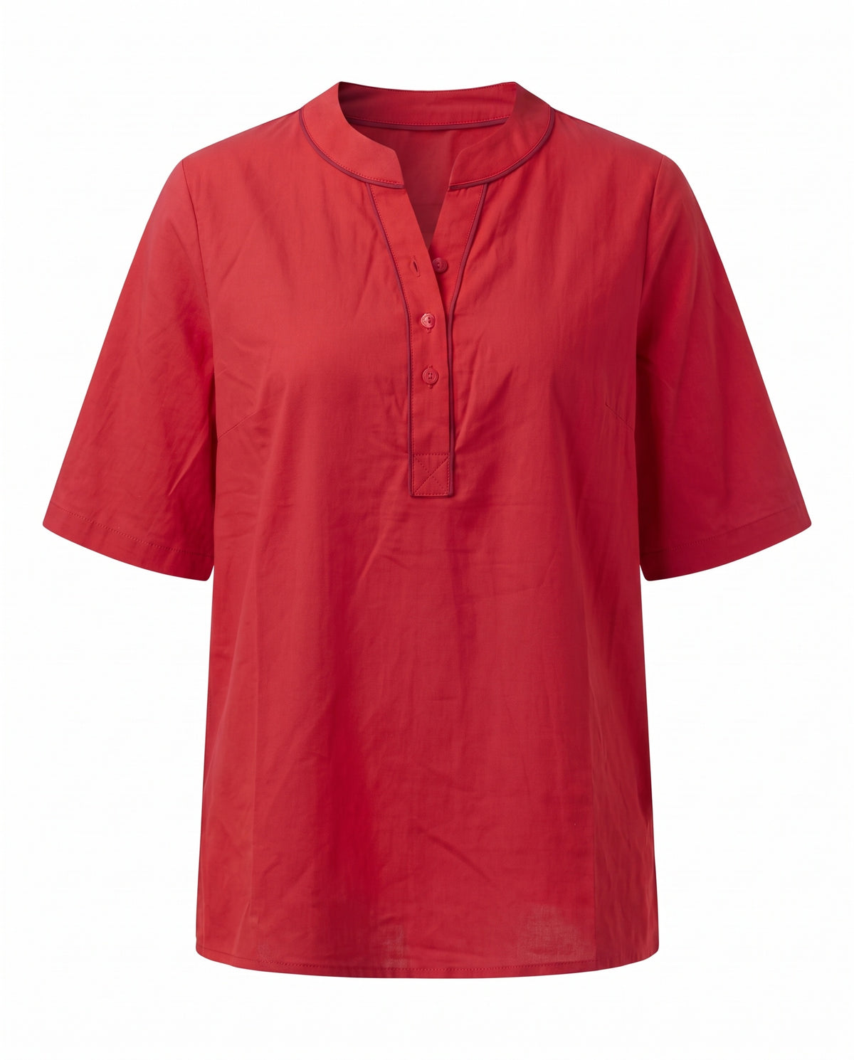 Red notch neck short sleeve tunic top, front view