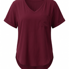 Burgundy loose V neck pocket top, front view