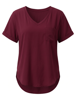 Burgundy loose V neck pocket top, front view