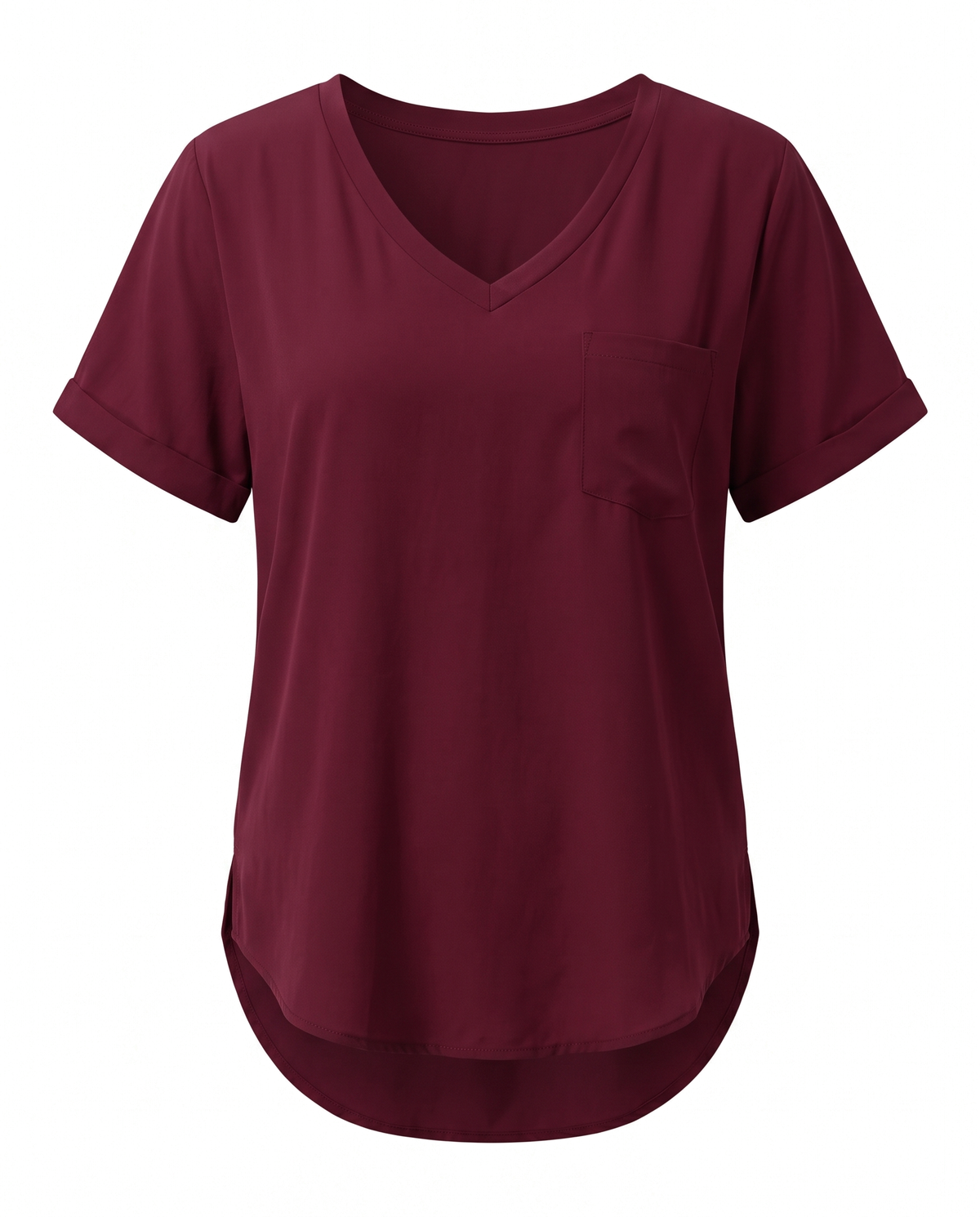 Burgundy loose V neck pocket top, front view