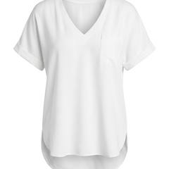 White loose V neck pocket top, front view