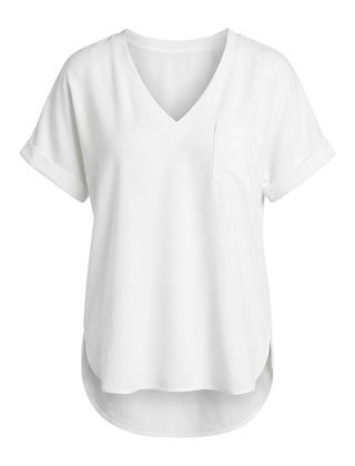 White loose V neck pocket top, front view