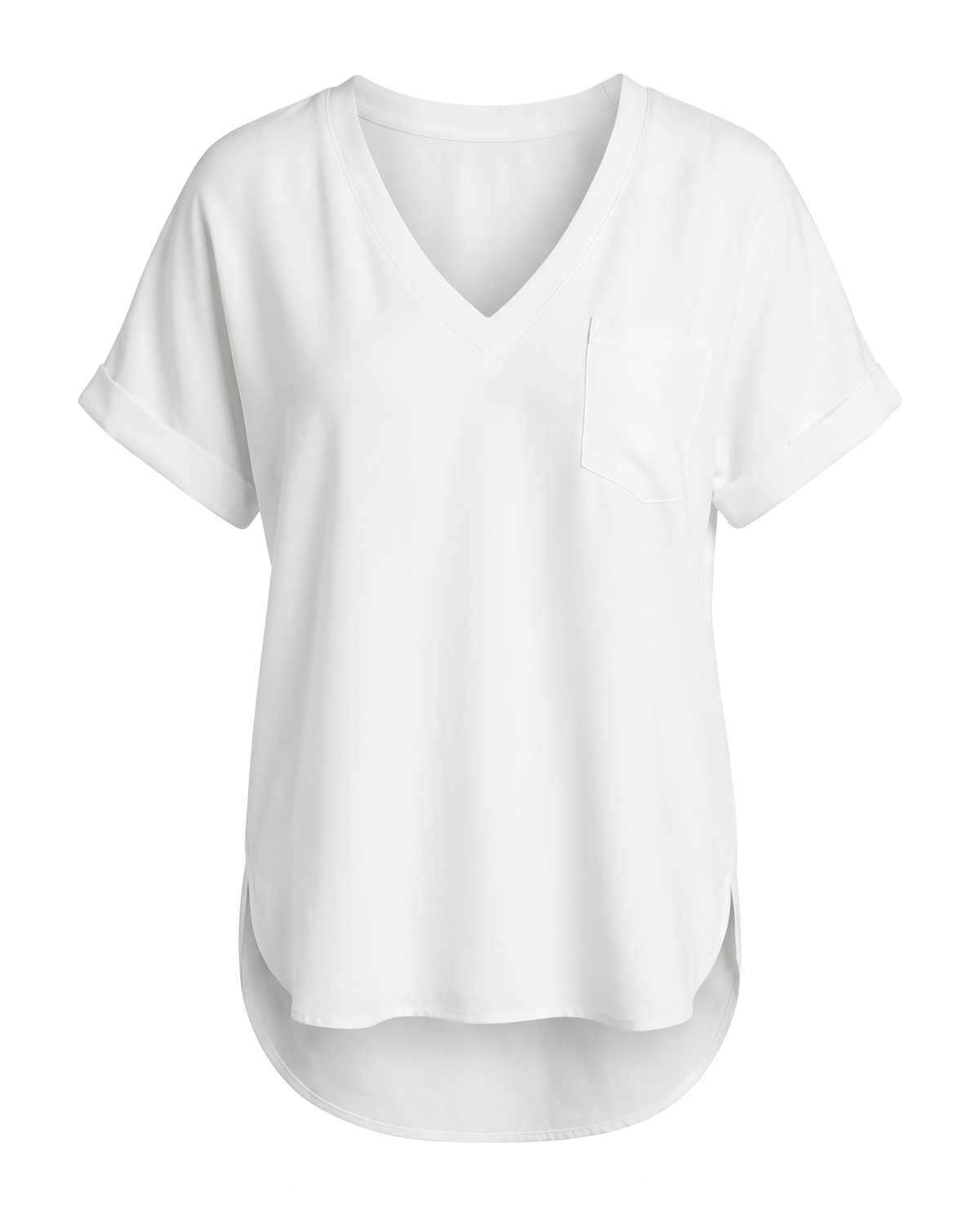 White loose V neck pocket top, front view