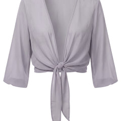 Sheer tie-front cropped shrug in Light Gray, front view