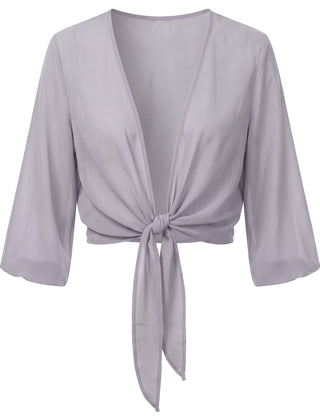Sheer tie-front cropped shrug in Light Gray, front view
