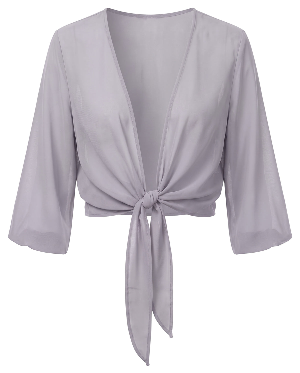Sheer tie-front cropped shrug in Light Gray, front view