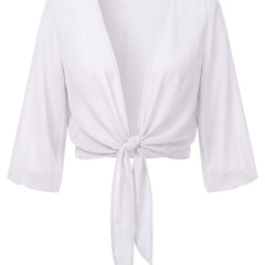 Sheer tie-front cropped shrug in White, front view
