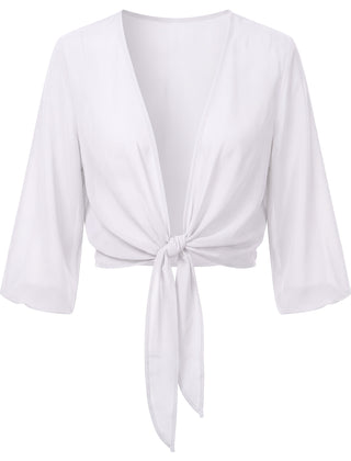 Sheer tie-front cropped shrug in White, front view