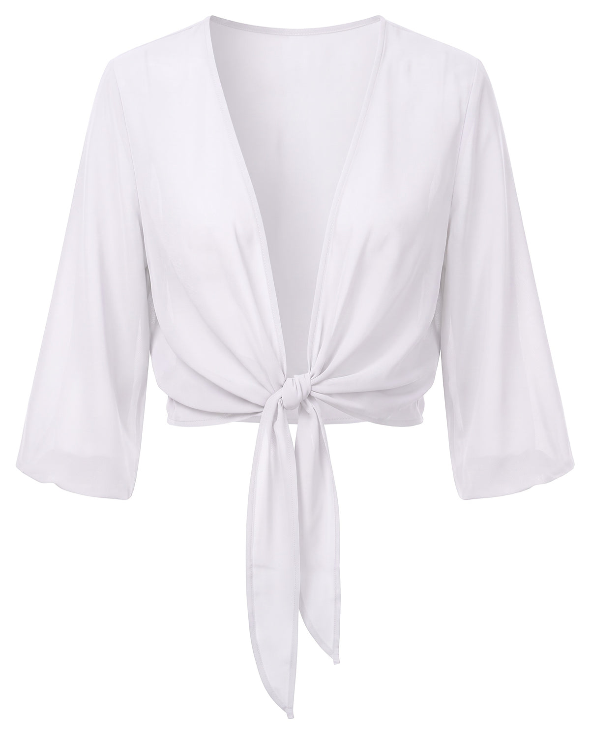 Sheer tie-front cropped shrug in White, front view