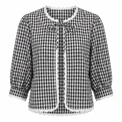 Black and white gingham check open-front blouse, front view