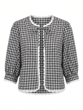Black and white gingham check open-front blouse, front view
