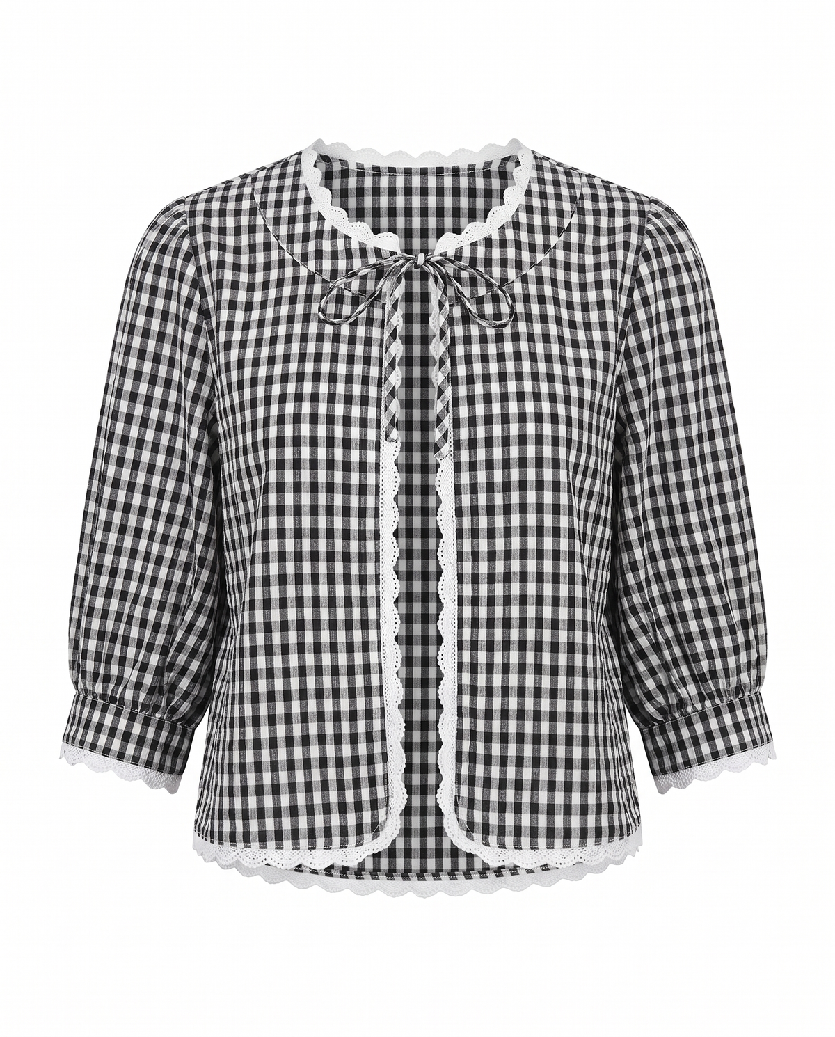 Black and white gingham check open-front blouse, front view