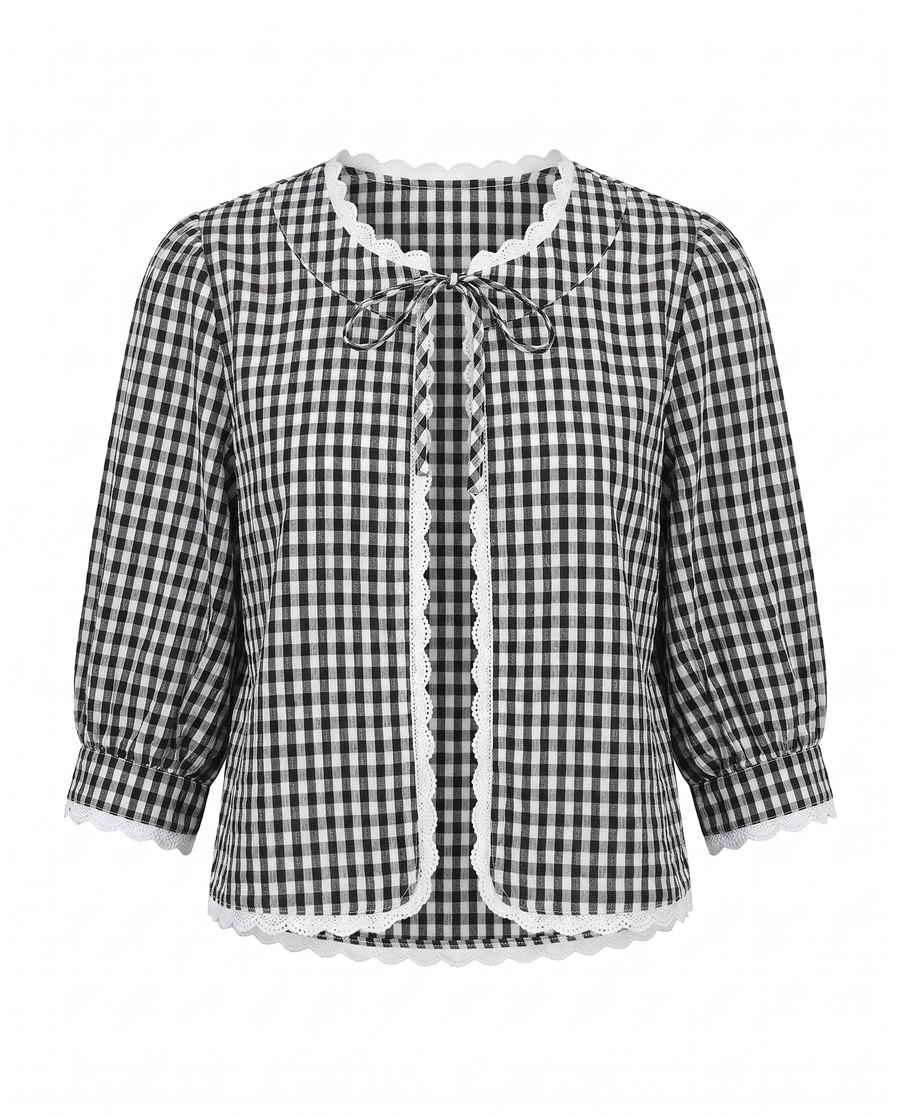 Black and white gingham check open-front blouse, front view